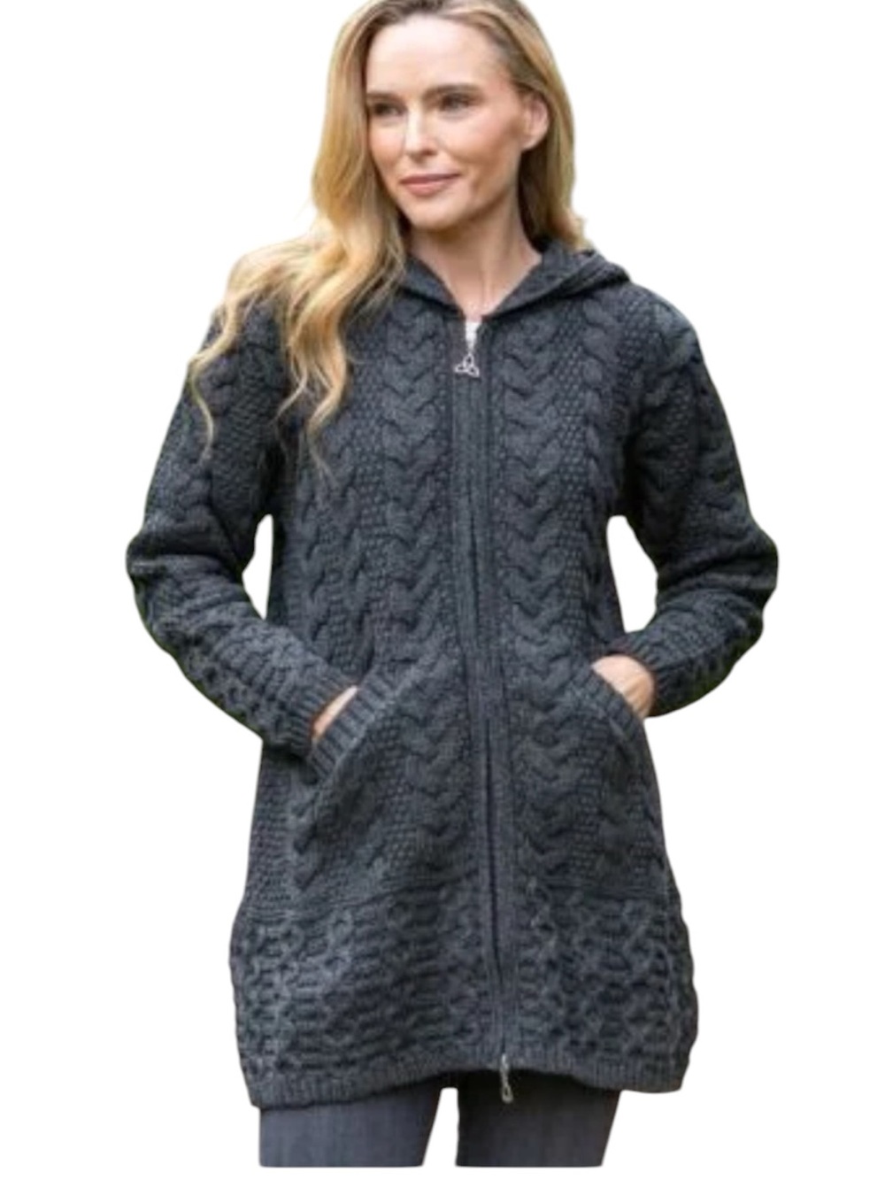 Aran Crafts Dark Gray Hooded Merino Wool Cable Knit Zip Sweater. Size Large.